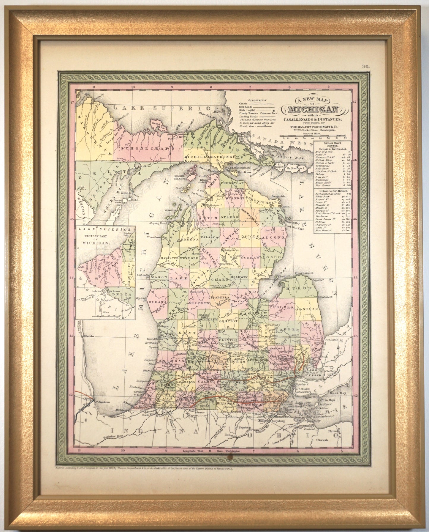 Original Antique Map of Michigan, 1850