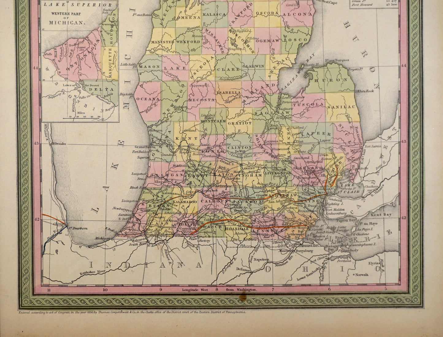 Original Antique Map of Michigan, 1850
