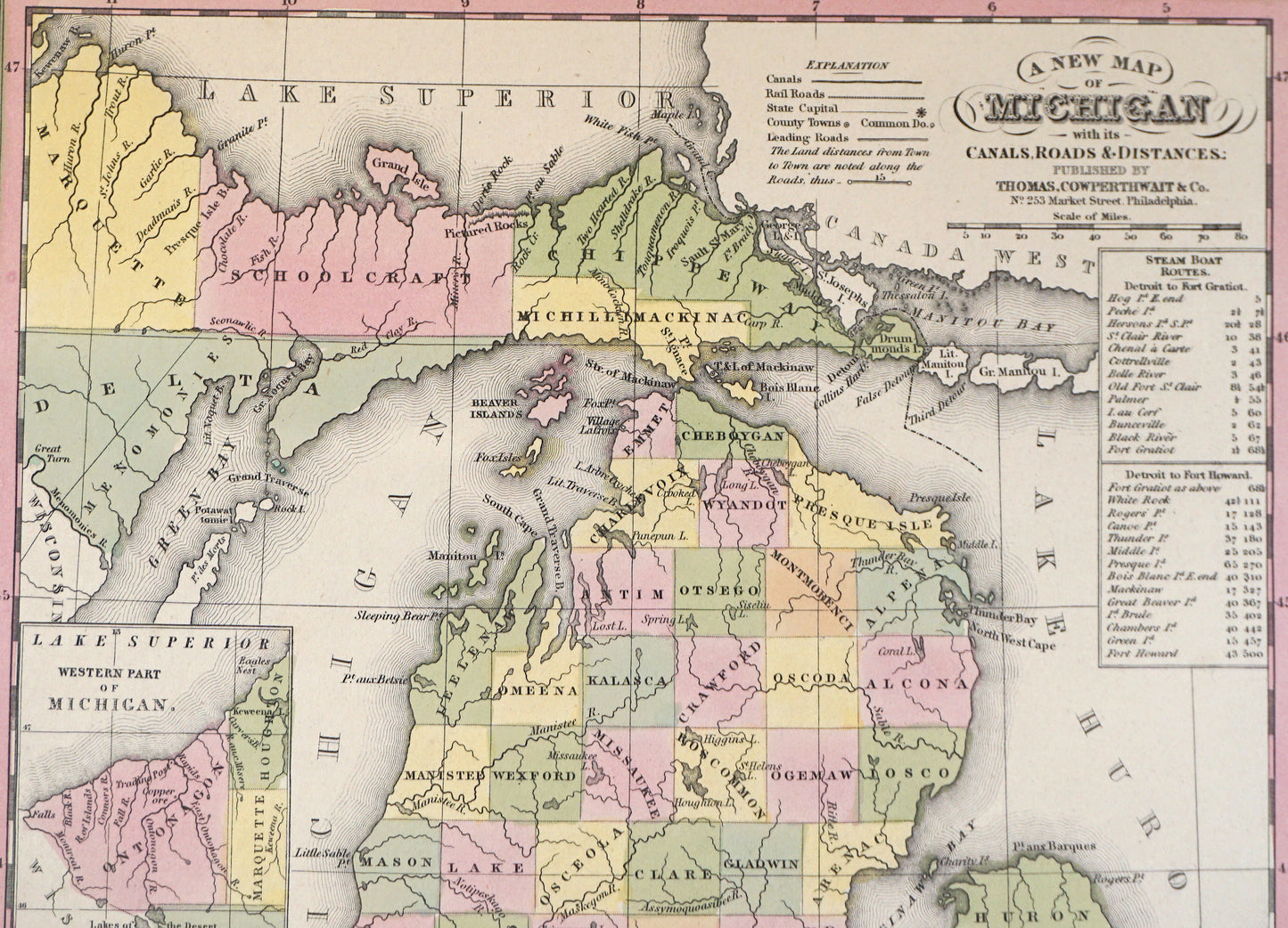 Original Antique Map of Michigan, 1850