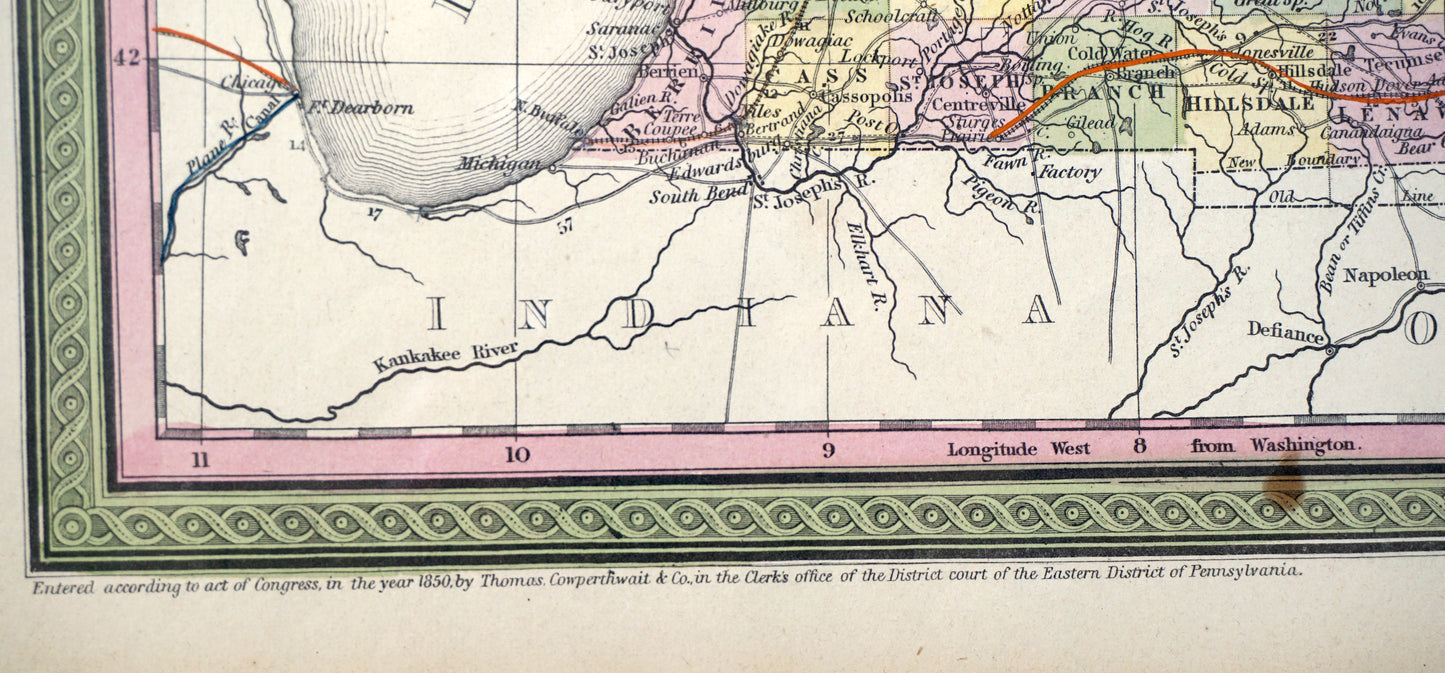Original Antique Map of Michigan, 1850