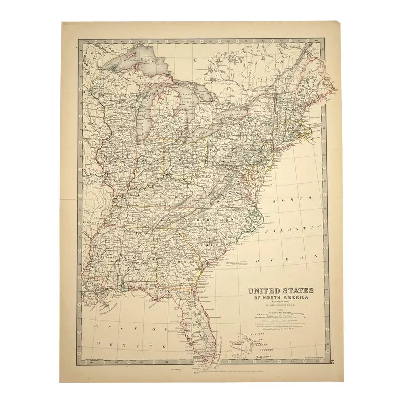Original Antique Map of Eastern States,(USA), C.1800