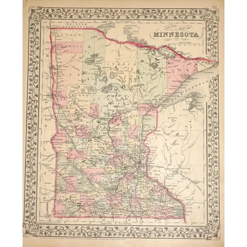Original Antique Map of Minnesota(USA), C. 1882