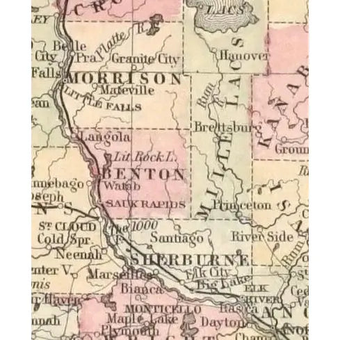 Original Antique Map of Minnesota(USA), C. 1882