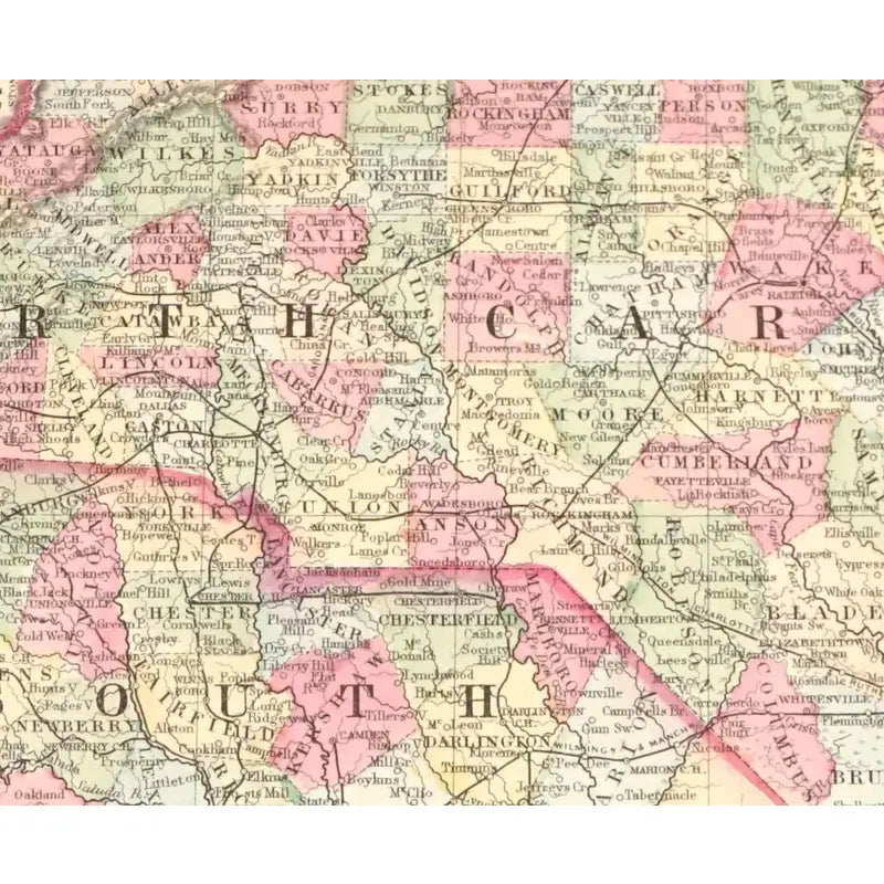 Original Antique Map of North & South Carolina, (Usa), C. 1882