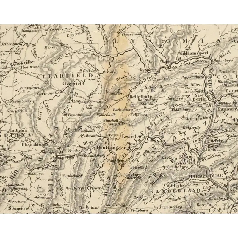 Original Antique Map of Pennsylvania, (Usa), C. 1845