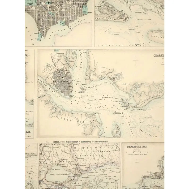 Original Antique Map of Southern Ports and Harbors, Usa, C.1800