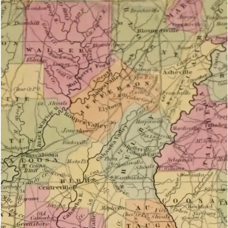 Original Antique Map of the State of Alabama, Usa, C.1882