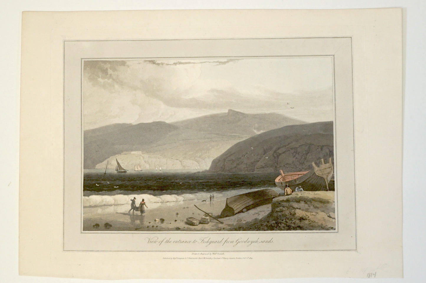 Engraving of View of the entrance to Fishguard from Goodnych sands, William Daniell, 1814