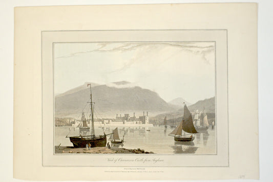 Engraving of View of Caernarvon Castle from Anglesea, Wiliiam Daniell, 1814