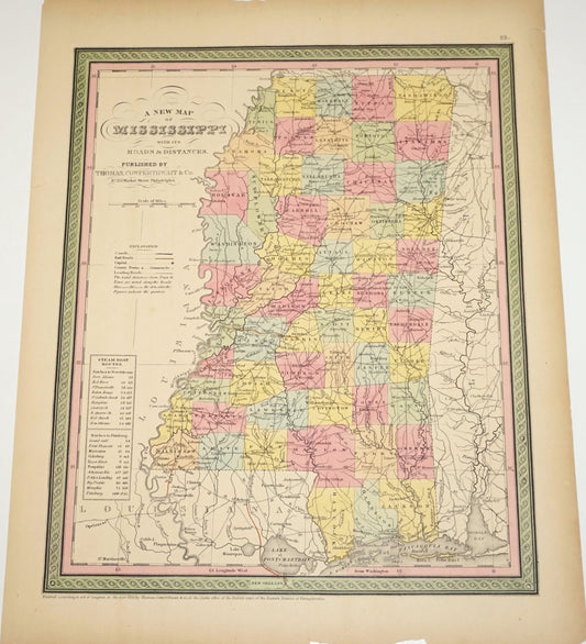 Original Antique Map of Mississippi(USA), C. 1882