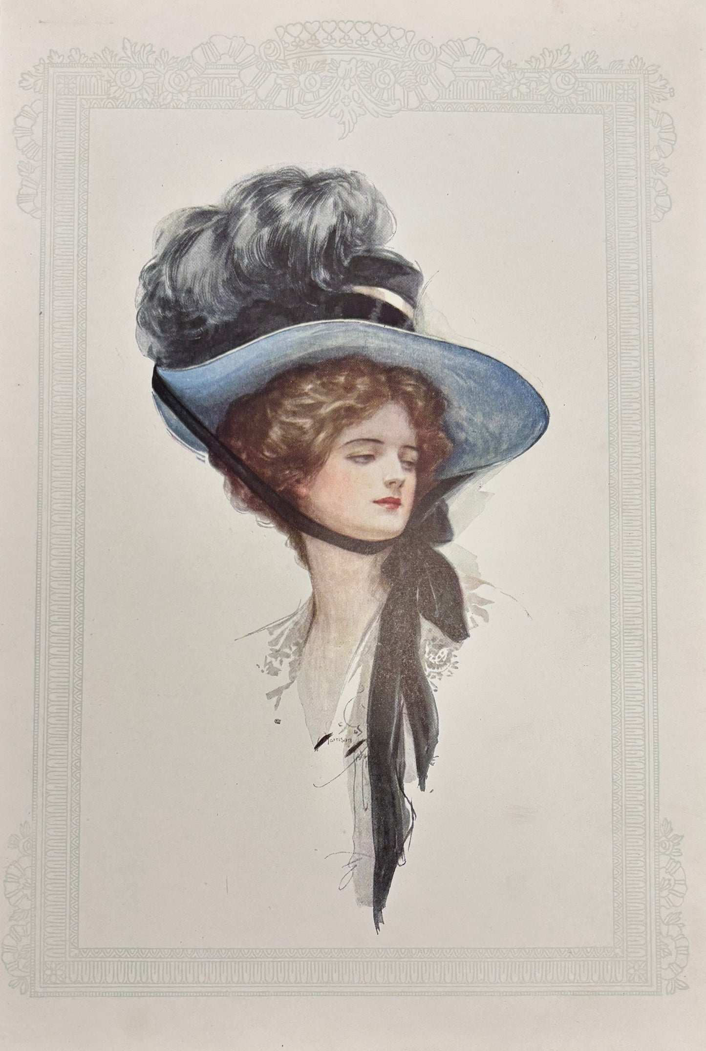 Girl with Blue and Black Feathered Hat by Harrison Fisher