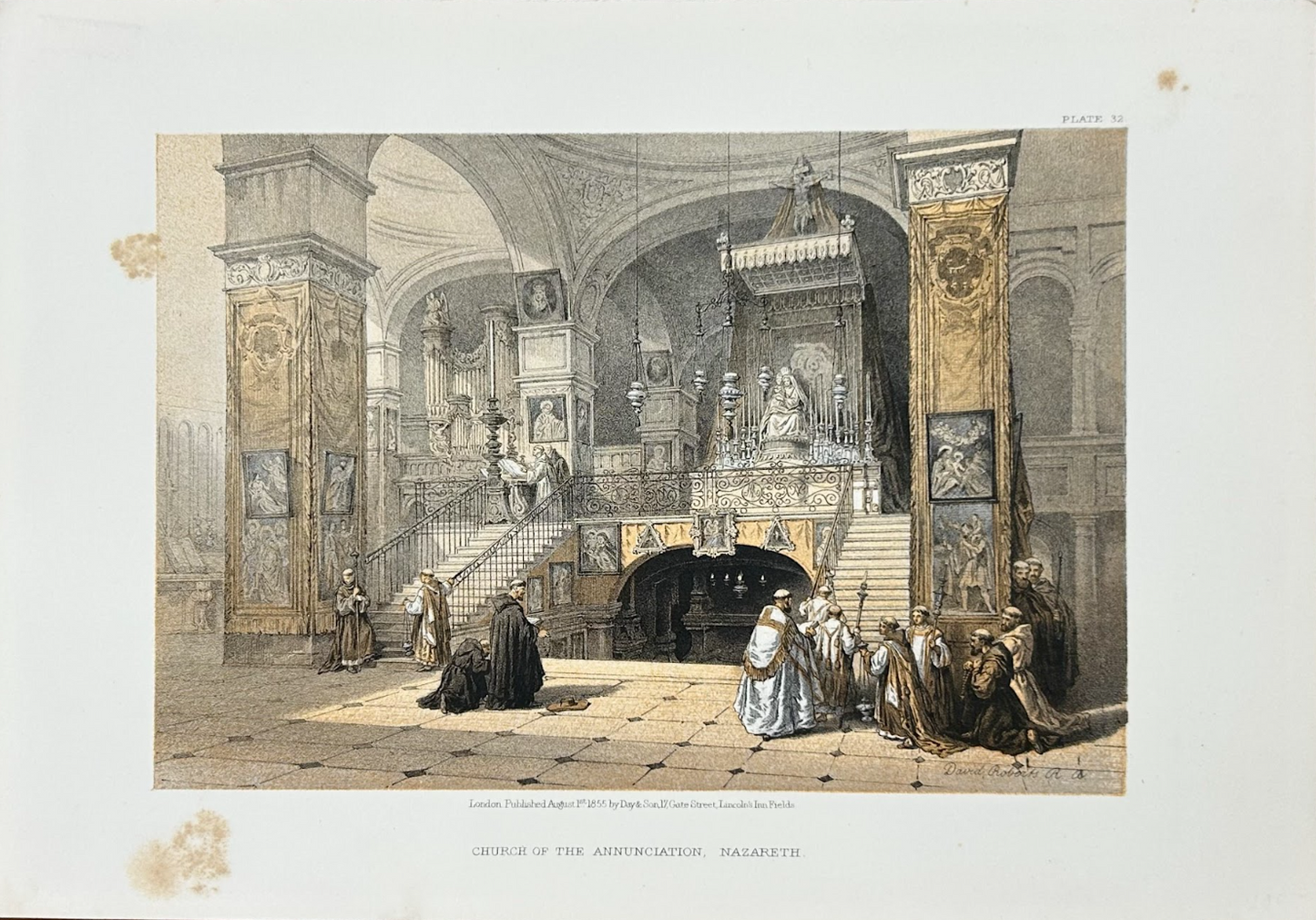 Hand Colored Engraving by Roberts, Church of the Annunciation, Nazareth, Plate 32