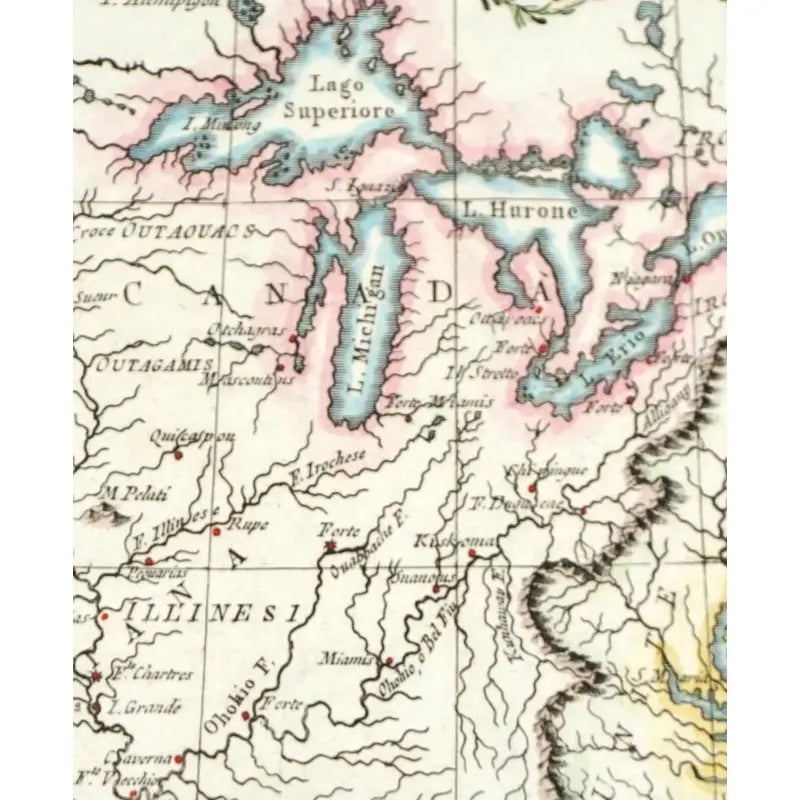 Original Antique Map of Florida, Louisiana and Lakes in Canada, C.1784