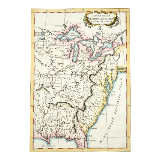 Original Antique Map of Florida, Louisiana and Lakes in Canada, C.1784