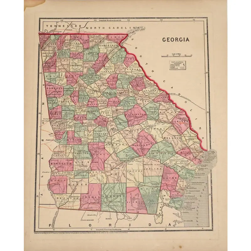 Original Antique Map of Georgia, USA, C.1842