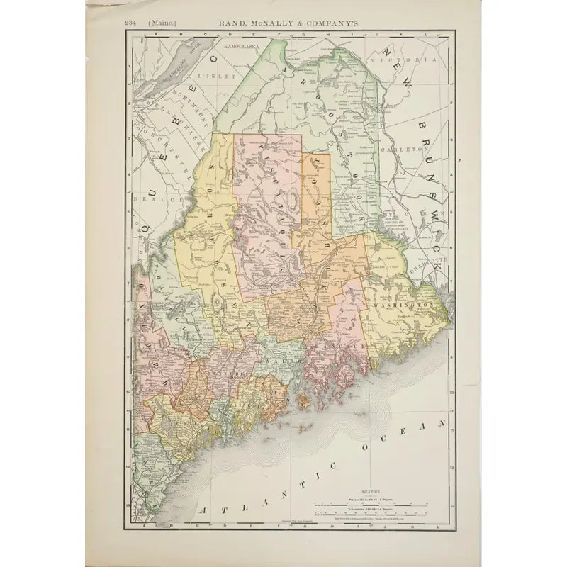 Original Antique Map of Maine,(USA), C.1896