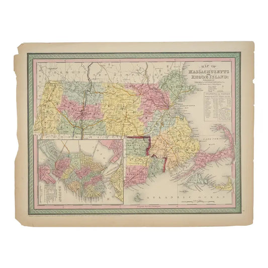 Original Antique Map of Massachusetts and Rhode Island,(USA), C.1800