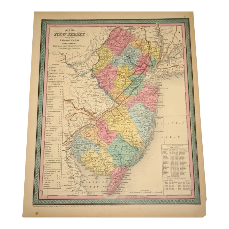 Original Antique Map of New Jersey, (Usa), C. 1850