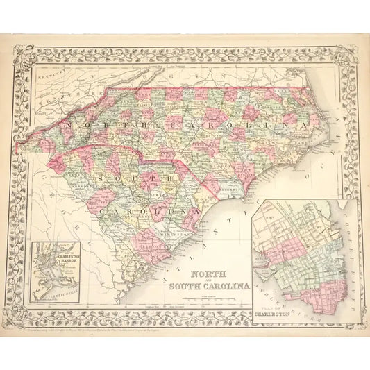Original Antique Map of North & South Carolina, (Usa), C. 1882