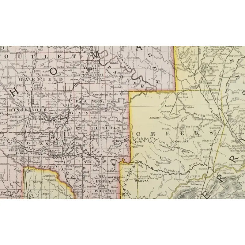 Original Antique Map of Oklahoma and American Indian Territory, USA, c.1896