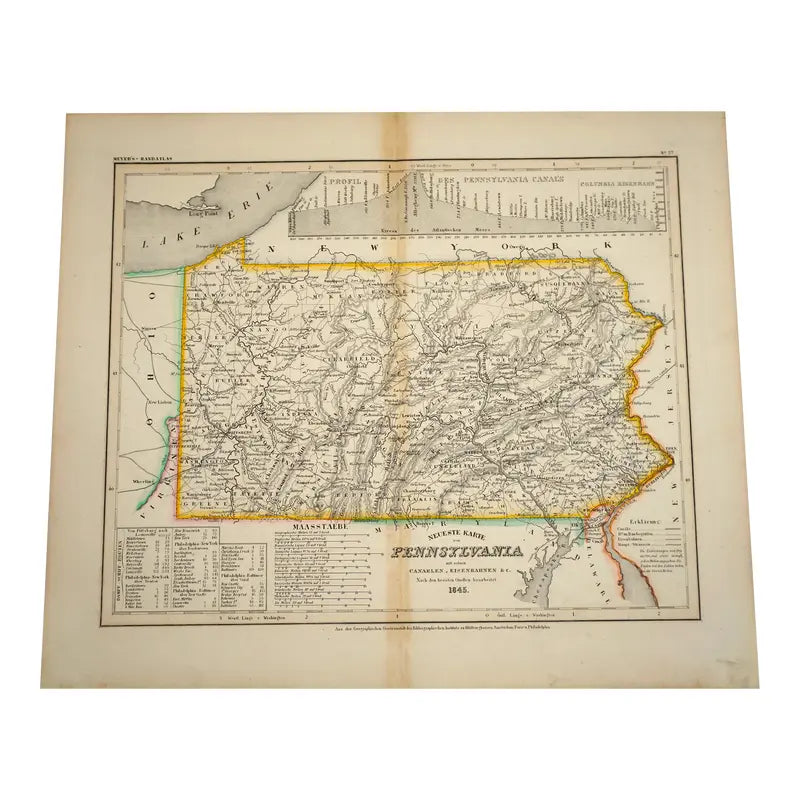 Original Antique Map of Pennsylvania, (Usa), C. 1845