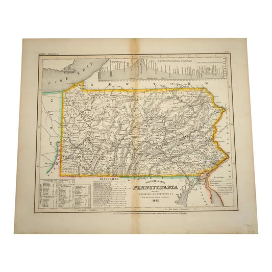 Original Antique Map of Pennsylvania, (Usa), C. 1845