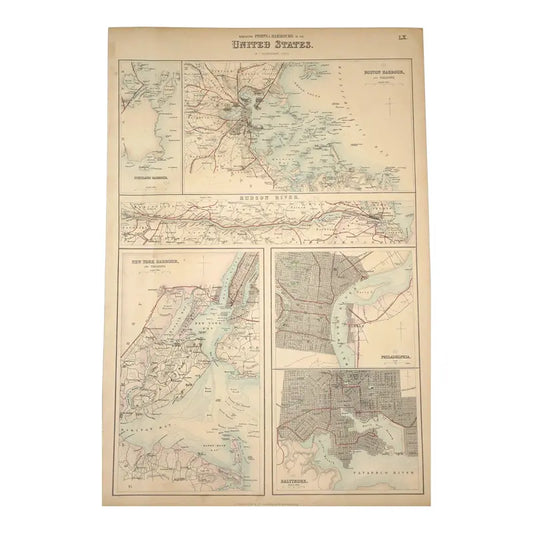 Original Antique Map of Ports and Harbors, Usa, C.1800