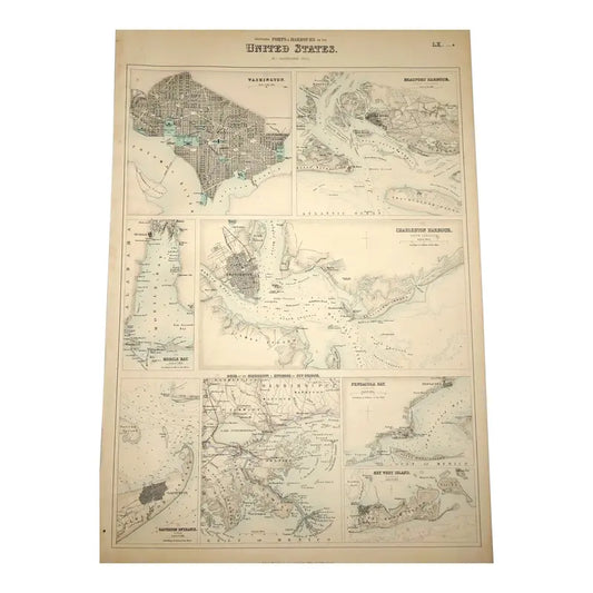 Original Antique Map of Southern Ports and Harbors, Usa, C.1800