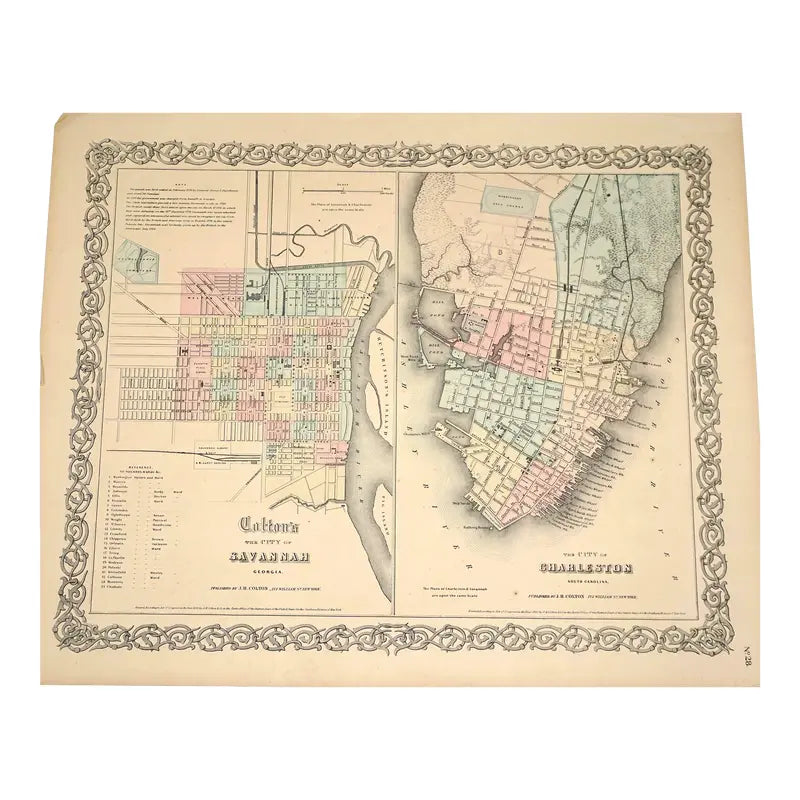 Original Antique Map of the City of Savannah and Charleston c.1800