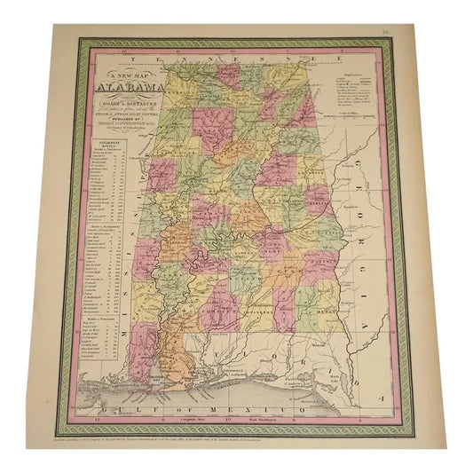 Original Antique Map of the State of Alabama, Usa, C.1882