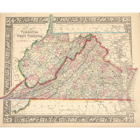 Original Antique Map of Virginia & West Virginia, (Usa), C.1882