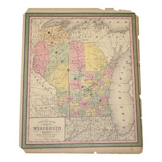 Original Antique Map of Wisconsin, Usa, C.1882