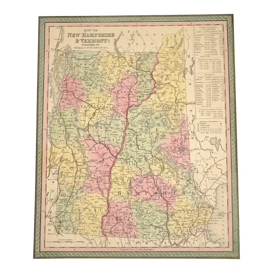 Original Antique Print New Hampshire & Vermont Map,(USA),C. 1850