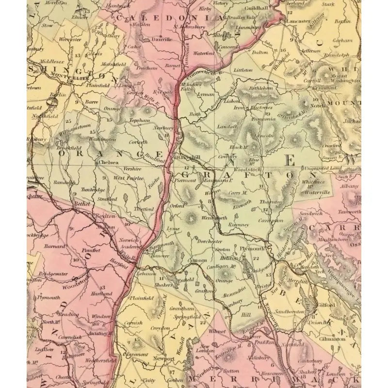 Original Antique Print New Hampshire & Vermont Map,(USA),C. 1850